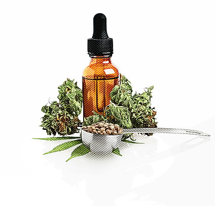 Close-up of CBD Oil bottle with hemp flowers and leaves