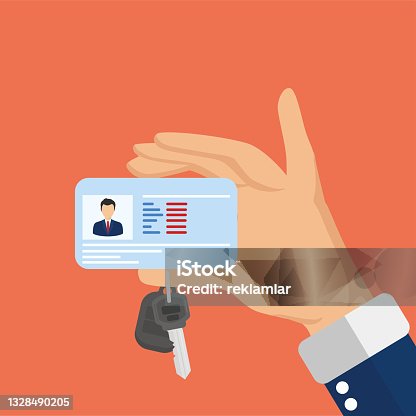 istock Close-up of hands of person holding driver's license and car key. Photo driver's ID card. Car license concept. Vector illustration in flat style. 1328490205