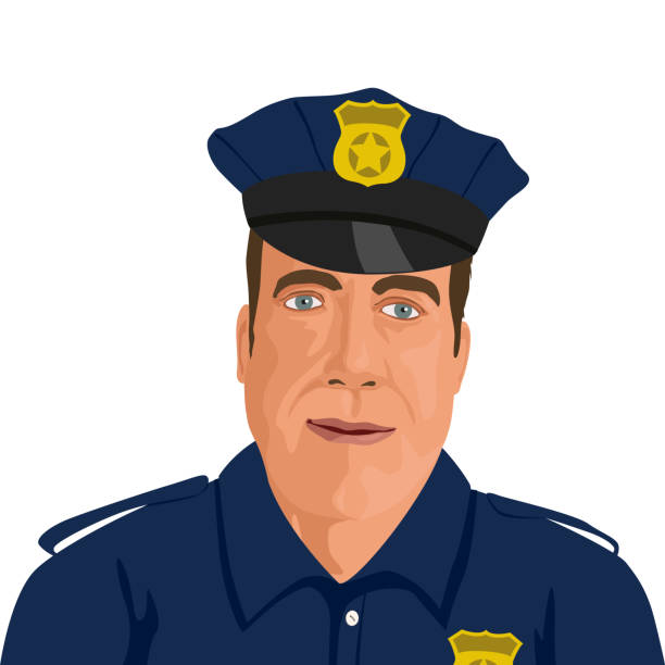 Close-up portrait of a uniformed American police officer. Dans un style graphique de bande dessinée, un gros plan de policier américain en uniforme, vu de face. police hat stock illustrations