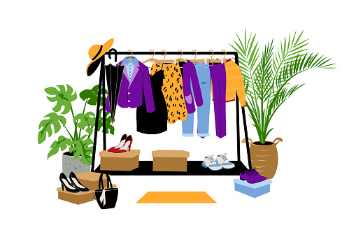 Clothes hanger. Cartoon store wardrobe. Dress or jeans. Pants and jacket. Charity clothing hanging in shop. Garment storage interior furniture and plant elements. Vector illustration