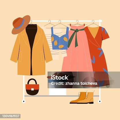 istock Clothes hanger, garment rack, showroom and clothing organization concept. Clothes, hangers, shoes, bags. 1304961937