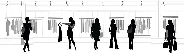 Clothes Shopping Mall A vector silhouette illustration of women looking at clothes in a clothing store.  One woman holds a dress out in front of her.  Two women have a discussion.  Other women walkg to and fron the racks carrying shopping bags. shopping silhouettes stock illustrations