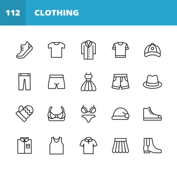 Clothing and Fashion Line Icons. Editable Stroke. Pixel Perfect. For Mobile and Web. Contains such icons as Clothing, Fashion, Jacket, T-Shirt, Coat, Shoe, Underwear, Bra, Skirt, Shirt, Dress, High Heels Shoes, Polo Shirt, Hat, Wardrobe, Jeans, Trousers. 20 Clothing and Fashion Outline Icons. clothing stock illustrations
