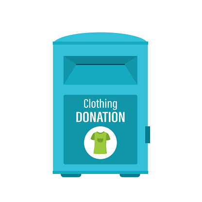 Clothing donation box isolated on white background. Charity donation, second hand things. Support service and humanitarian aid.
