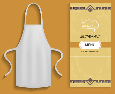Clothing for cooking in kitchen near restaurant menu. Apron next to list of food and drinks