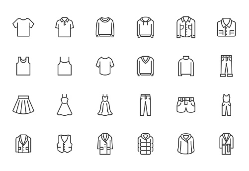 Clothing line icon set. Dress, polo t-shirt, jeans, winter coat, jacket pants, skirt minimal vector illustrations. Simple outline signs for fashion application. Pixel Perfect. Editable Strokes.