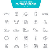 Clothing, Dress, Laundry, Denim, Accessories, Jewelry, Editable Stroke Icon Set