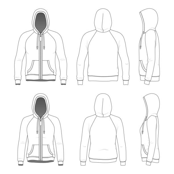 Clothing set of hoodie. Blank templates of man and woman raglan zipper hoodie in front, back and side views. Vector illustration. Isolated on white background. blank hoodie template drawing stock illustrations