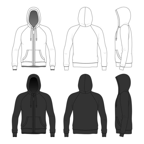 Clothing set of man hoodie. Blank templates of man raglan zipper hoodie in front, back and side views. Vector illustration. Isolated on white background. blank hoodie template drawing stock illustrations