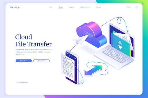 Cloud file transfer isometric landing page, banner