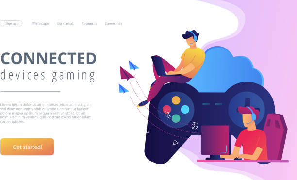 Cloud gaming concept vector illustration. Two gamers playing computer connected with joystick. Gaming on demand, video and file streaming, cloud technology, various devices gaming concept, violet palette. Website landing web page template. gambling stock illustrations