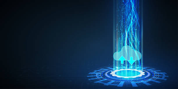 Cloud interface that shows data uploading to the internet. vector art illustration
