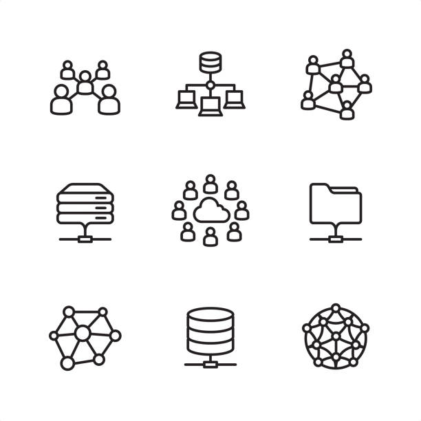 облачная сеть - иконки контуров pixel perfect - компьютерная сеть stock illustrations