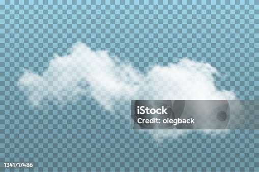 istock Cloud on blue transparent background. Realistic fluffy white cloud vector illustration. Overcast day nature outdoor. 1341717486