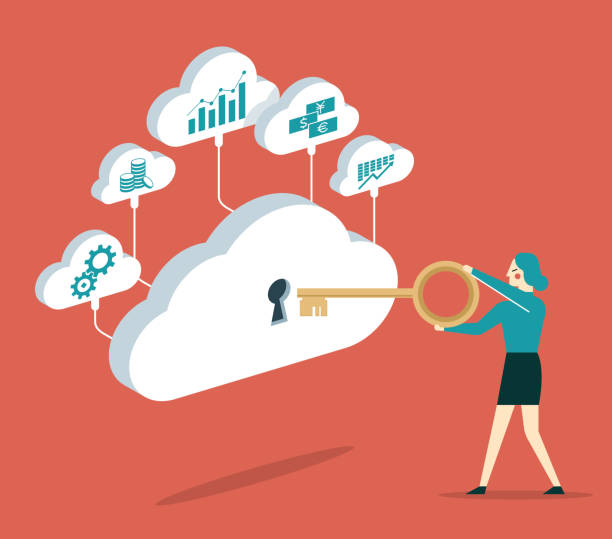 Cloud server - Businesswoman vector art illustration