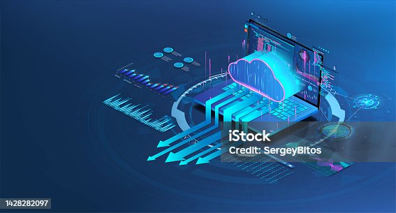 istock Cloud storage with laptop in isometric 1428282097