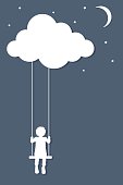 Child on swings hanging from cloud in paper cutout style