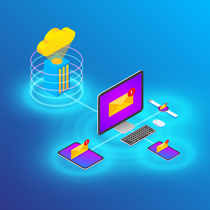 Cloud Technology Device and Email Sync Isometric Style Illustration