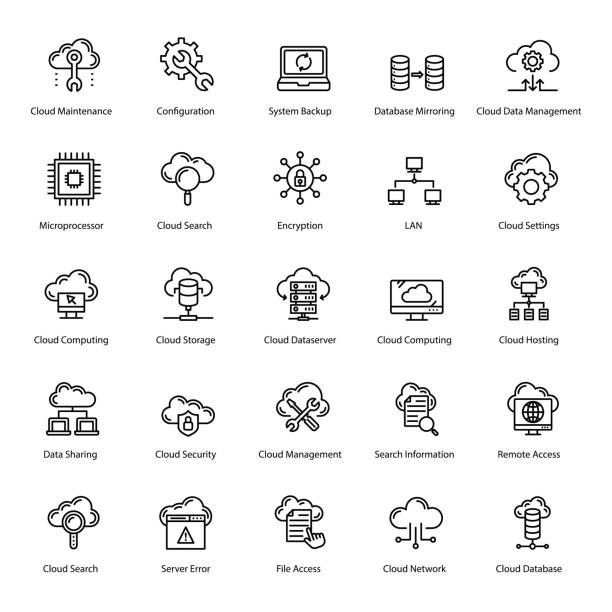 pakiet ikon linii technologii chmury - data center stock illustrations
