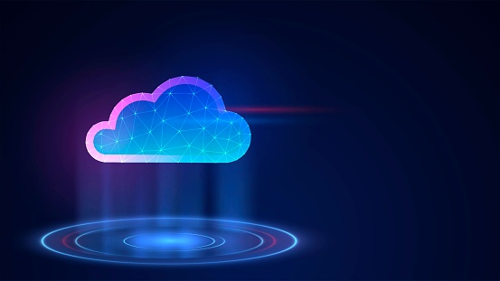 Blue glowing mesh cloud icon, cloud technology concept