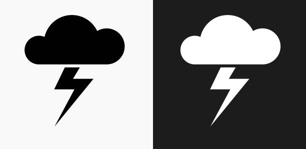 Clouds and Thunderstorm Icon on Black and White Vector Backgrounds Clouds and Thunderstorm Icon on Black and White Vector Backgrounds. This vector illustration includes two variations of the icon one in black on a light background on the left and another version in white on a dark background positioned on the right. The vector icon is simple yet elegant and can be used in a variety of ways including website or mobile application icon. This royalty free image is 100% vector based and all design elements can be scaled to any size. lightning clipart stock illustrations