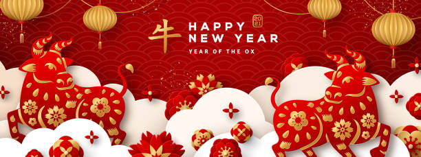 Clouds, bulls and flowers 2021 Chinese New Year banner or party invitation background with clouds, bulls and flowers in paper cut style. Vector illustration. Asian lanterns and confetti. Place for text. Hieroglyph means Ox chinese new year stock illustrations