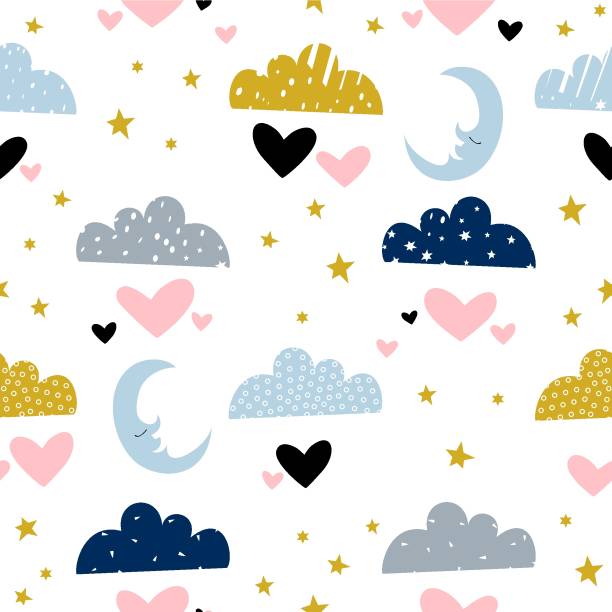 Clouds illustration with a moon. Seamless pattern with hand drawn elements for kids design. - Vector Clouds illustration with a moon. Seamless pattern with hand drawn elements for kids design. - Vector sleeping drawings stock illustrations