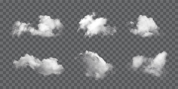 Clouds set on dark transparent background. Realistic fluffy white clouds vector illustration. Cloudy day nature outdoor