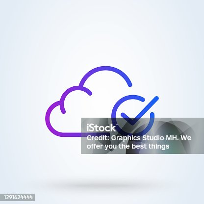 istock Clouds with check sign line icon or logo. Software update process completed concept. Approved Cloud Computing vector linear illustration. 1291624444