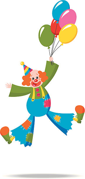 Clown flying with balloons vector art illustration