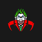 Illustration of clown or mad man wearing a red suit and tie