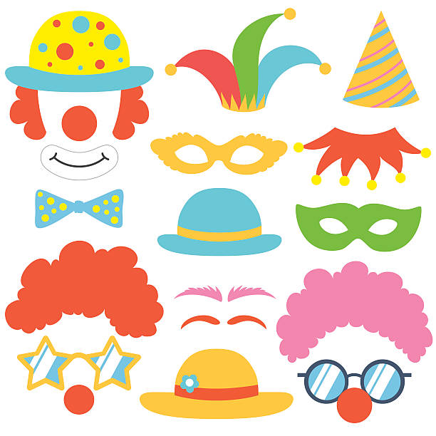Clown props set Clown props set. Party  funnyman birthday photo booth props. Hat, wig, nose, funny glasses, cap, mask, bow tie. Vector illustration clown photo booth props. Clown props.  clown stock illustrations
