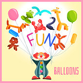 Clown with funny balloon animals circus background vector illustration