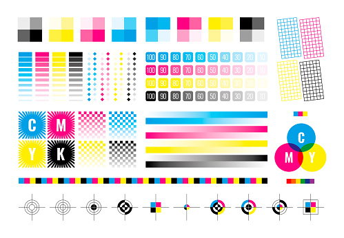 Cmyk marks. Colorful bars for color divices calibration printing house paper templates cyan yellow black garish vector illustrations collection. Color cmyk cross and swatch for printer