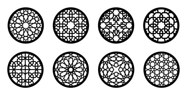 Cnc laser pattern. Arabesque circle, round element set for laser cutting ,stencil, engraving. Geometric arabic pattern for glass stand, cup stand, wall hanging, menu stamp design Cnc laser pattern. Arabesque circle, round element set for laser cutting ,stencil, engraving. Geometric arabic pattern for glass stand, cup stand, wall hanging, menu stamp design. arabesque position stock illustrations