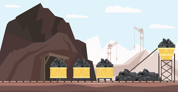 Coal mine industry and transportation vector illustration with piles of black mineral resource in minecarts.