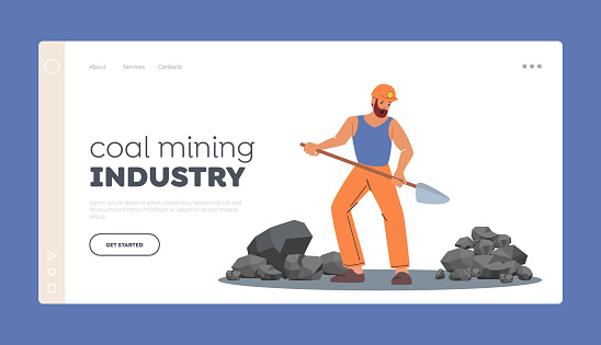 Coal Mining Industry Landing Page Template. Miner Work, Extraction Profession. Worker Character in Uniform and Helmet