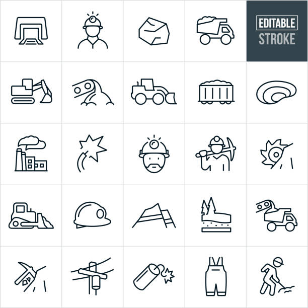 Coal Mining Thin Line Icons - Editable Stroke A set of coal mining icons that include editable strokes or outlines using the EPS vector file. The icons include a mine shaft, coal miner, coal, coal truck, dump truck, excavator, conveyor belt dropping rock, earth mover, coal train cart, pit coal mine, power plant, electricity, coal miners helmet, coal-miner, coalminers, holding pick axe, coal extraction, bulldozer, strip coal mine, power line, dynamite, work cloths and other related icons. mining natural resources stock illustrations