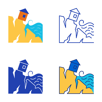 Coastal erosion icon set in flat and line style. Coast destruction by waves because of sea level rise. Vector illustration.