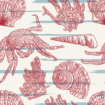 Coastal Nautical Beach Seamless Pattern with Crab, Shells and Coral