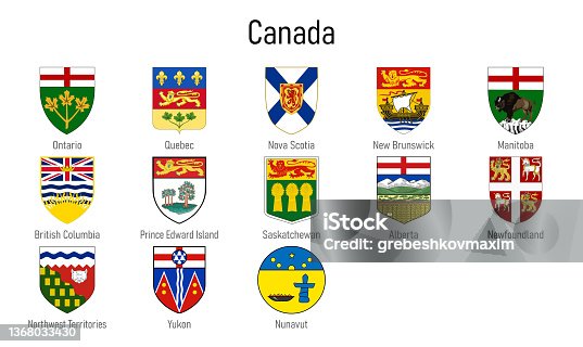 istock Coat of arms of the provinces of Canada, All Canadian regions emblem 1368033430