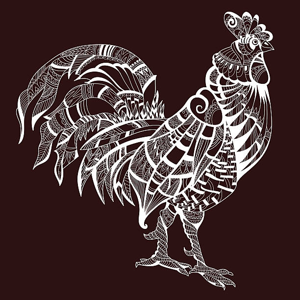 Cock. Bird. Animal. White cock on brown fone.Petuh style zentangl Cock. Bird. Animal. White cock on brown fone.Petuh style zentangl. Coloring for adults. Anti-stress. The symbol of the year barcelos stock illustrations