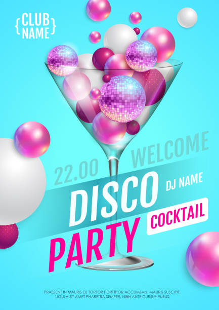 ilustrações de stock, clip art, desenhos animados e ícones de cocktail disco party poster with 3d abstract spheres and pink disco ball. vector illustration - balo~es festa