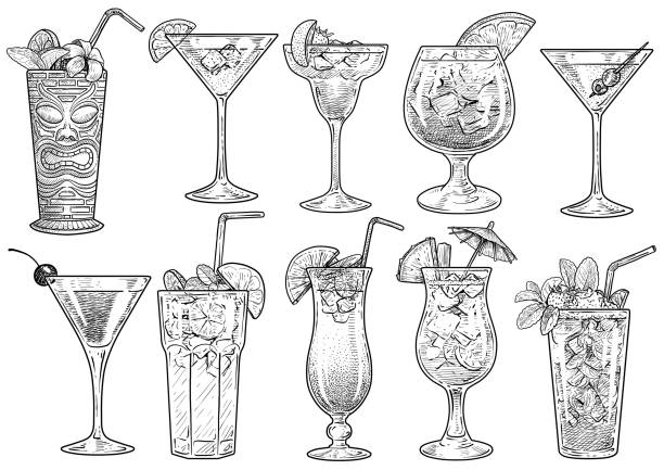 Cocktail illustration, drawing, engraving, ink, line art, vector Illustration, what made by ink and pencil on paper, then it was digitalized. cocktail stock illustrations