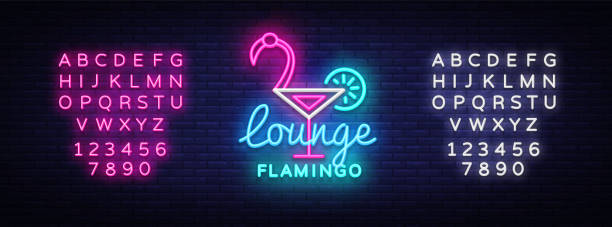 Cocktail lounge neon sign vector. Flamingo concept Design template neon sign, summer light banner, neon signboard, nightly bright advertising, light inscription. Vector. Editing text neon sign Cocktail lounge neon sign vector. Flamingo concept Design template neon sign, summer light banner, neon signboard, nightly bright advertising, light inscription. Vector. Editing text neon sign. cocktail backgrounds stock illustrations