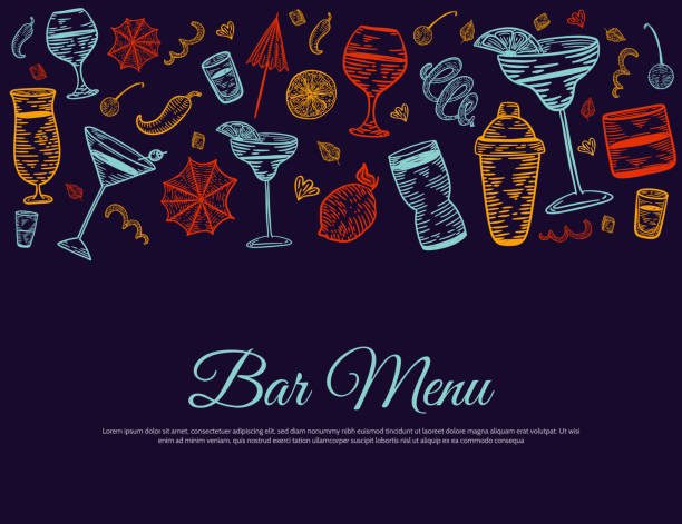 Cocktail menu banner with sketch glasses, drinks. Engrave drawing style. Template design with icons on dark background Cocktail menu banner with sketch glasses, drinks. Engrave drawing style for tequila, margarita. Template design with icons on dark background cocktail backgrounds stock illustrations