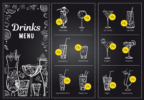 Cocktail menu design template and drink list. Vector outline hand drawn illustration with blackboard background