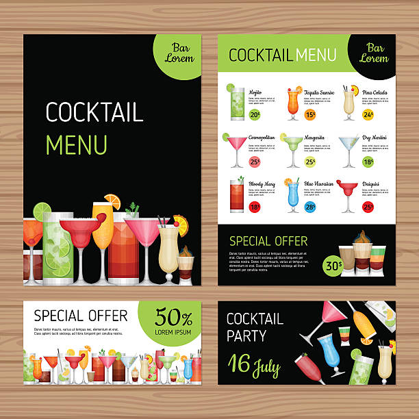 Cocktail menu design. Cocktail menu design. Alcohol drinks. A4 size and flyer layout template. Bar menu brochure with modern graphic. Front page and back page. Vector illustration. cocktail backgrounds stock illustrations