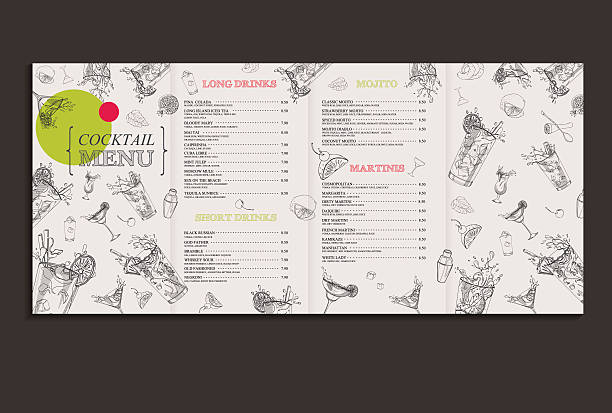 cocktail menu full Vector cocktail menu design. Template with hand-drawn graphic. Flyer, brochure cocktail borders stock illustrations