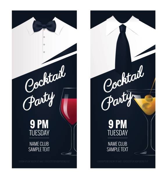 Cocktail Party invitation. Cocktail Party invitation. Flyer or poster design with cocktail glass on black background. Vector illustration cocktail silhouettes stock illustrations